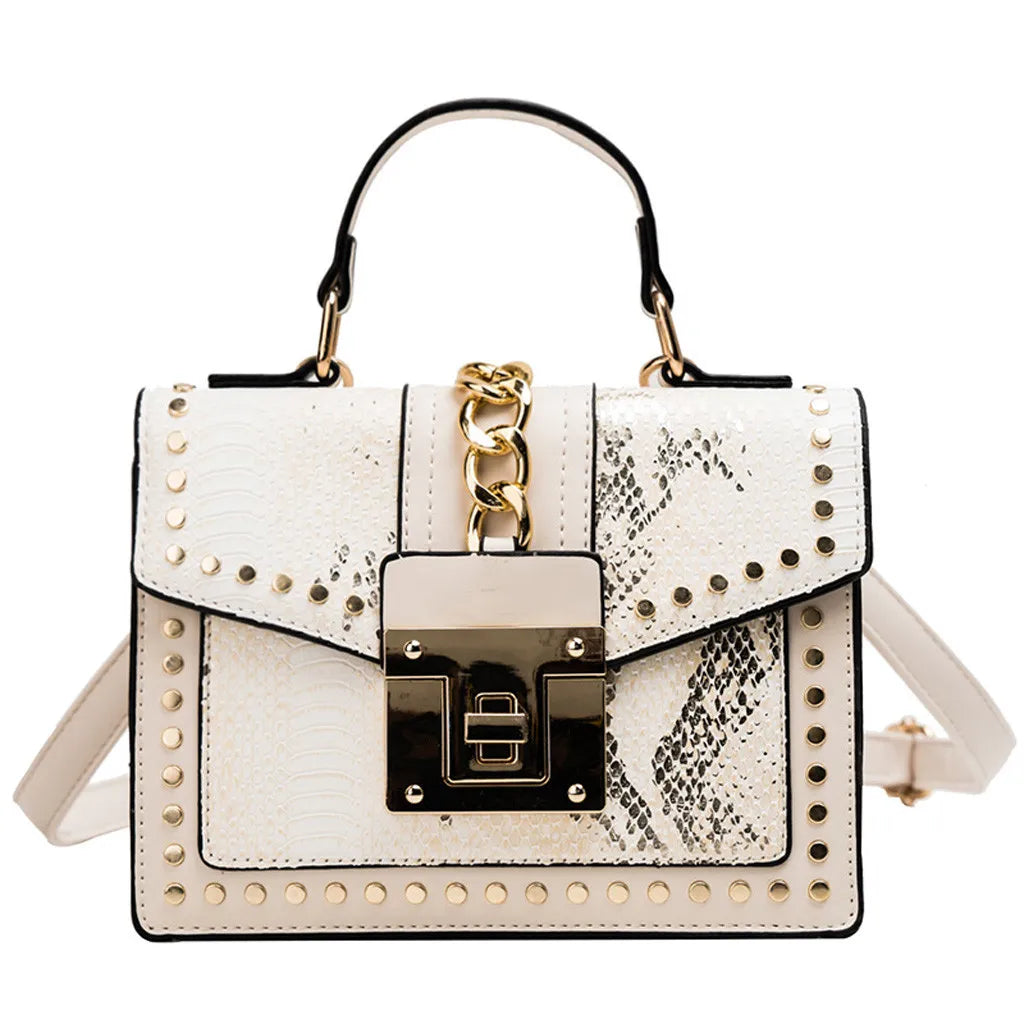 Snake Print Shoulder Bag Retro Rivet PU Leather Messenger Handbag