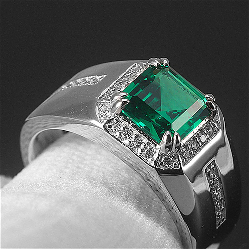 Green Emerald Crystal Men's Wedding Band Silver Jewelry