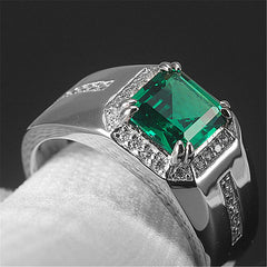 Green Emerald Crystal Men's Wedding Band Silver Jewelry