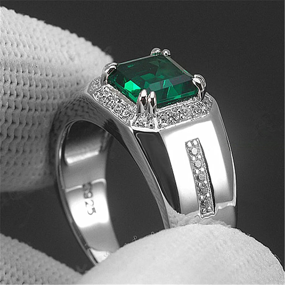 Green Emerald Crystal Men's Wedding Band Silver Jewelry