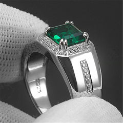 Green Emerald Crystal Men's Wedding Band Silver Jewelry