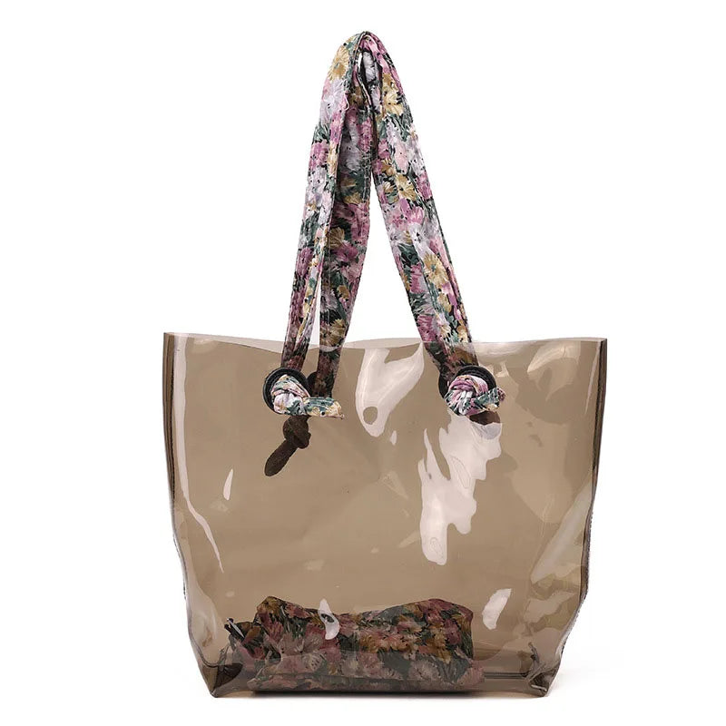 Large-Capacity Transparent Handbag with Floral Shoulder Strap