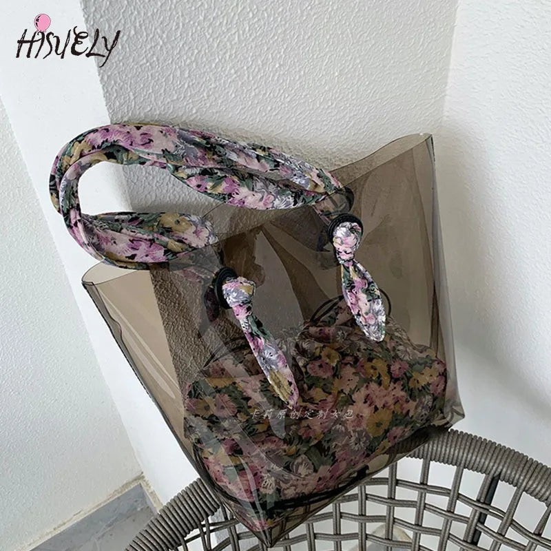 Large-Capacity Transparent Handbag with Floral Shoulder Strap
