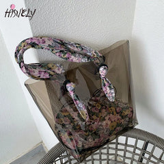 Large-Capacity Transparent Handbag with Floral Shoulder Strap