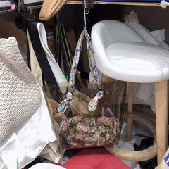Large-Capacity Transparent Handbag with Floral Shoulder Strap