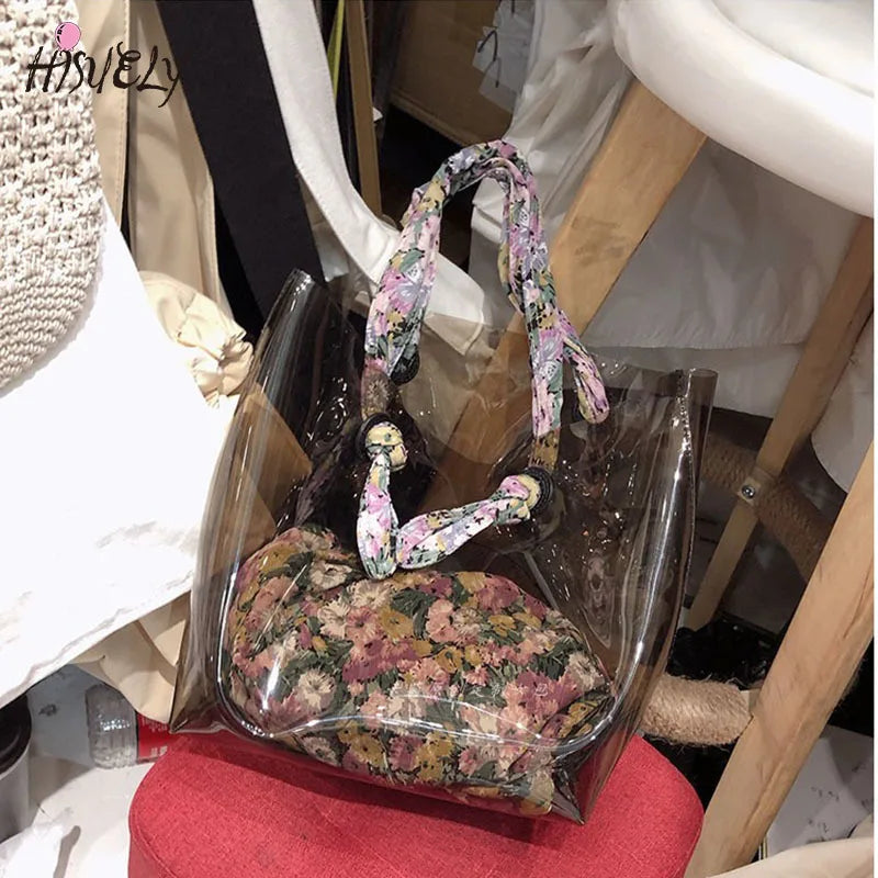 Large-Capacity Transparent Handbag with Floral Shoulder Strap