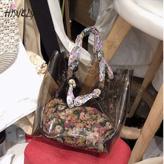 Large-Capacity Transparent Handbag with Floral Shoulder Strap