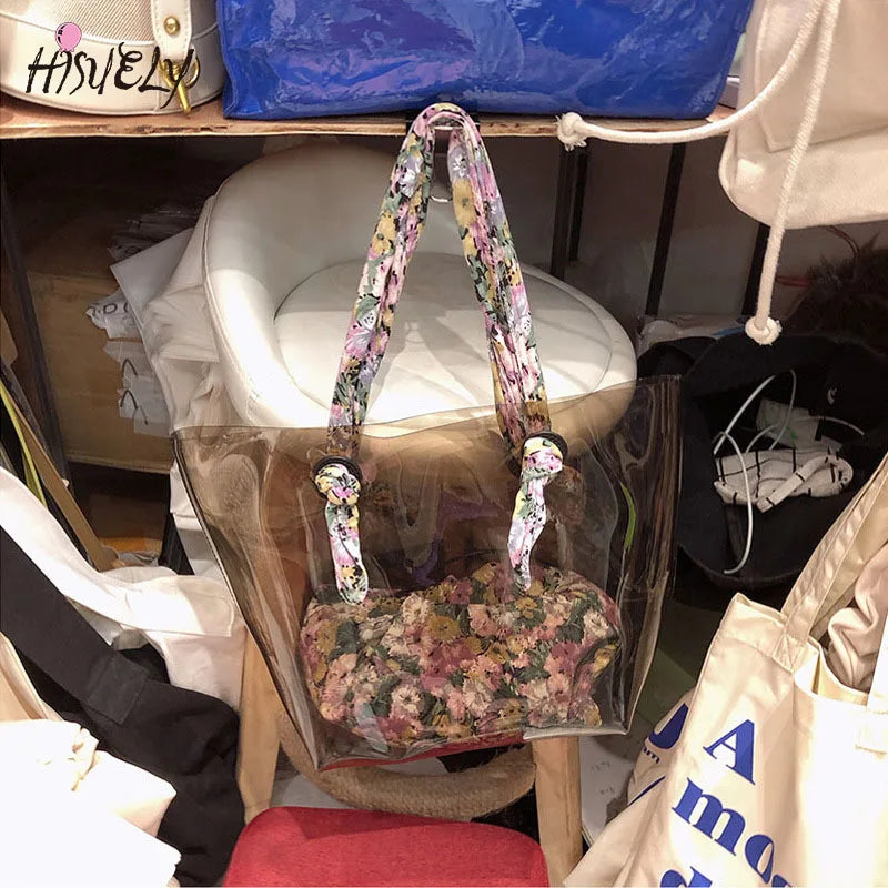 Large-Capacity Transparent Handbag with Floral Shoulder Strap