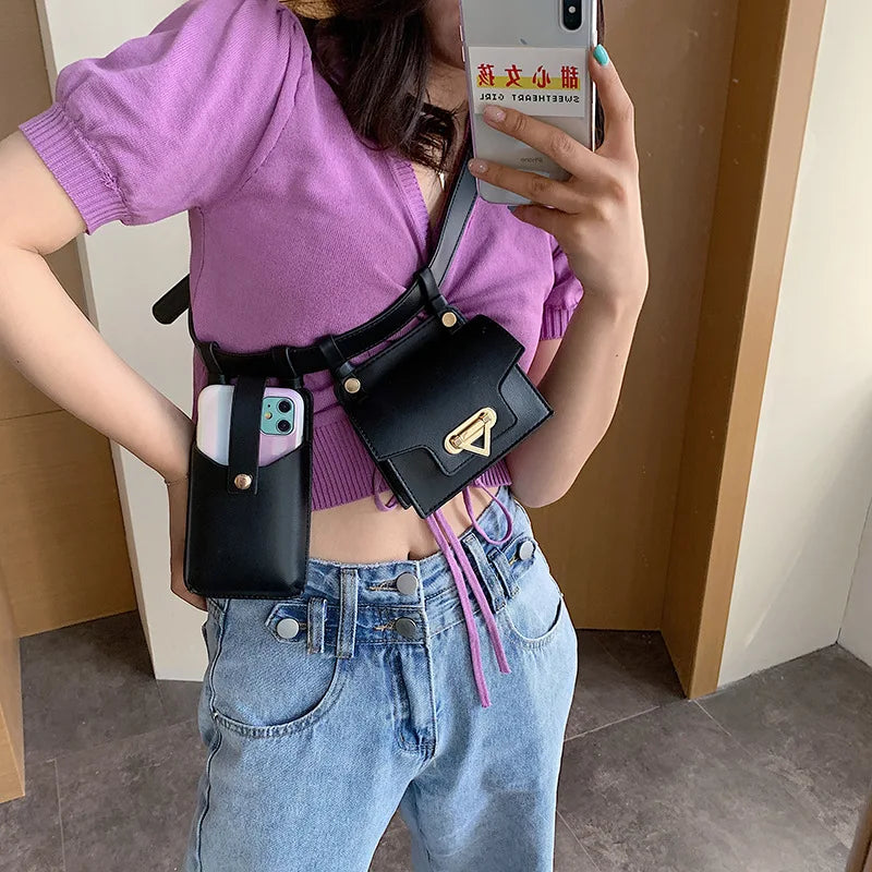 Women's Two-Piece Waist Bag Set PU Belt Phone Crossbody Bag