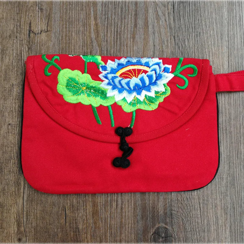 Lotus Pattern Canvas Wristlet Clutch Bag