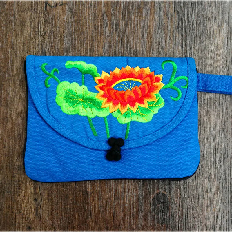 Lotus Pattern Canvas Wristlet Clutch Bag