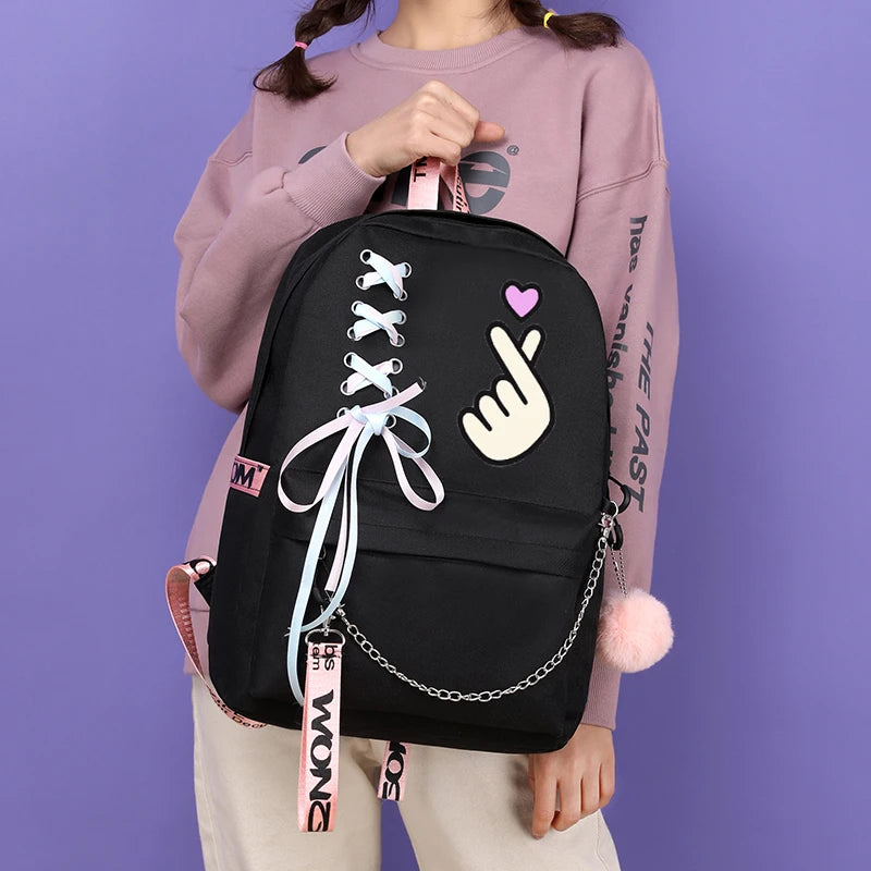 Teenager Girls Canvas Backpack School Bag Tassel Chain decoration