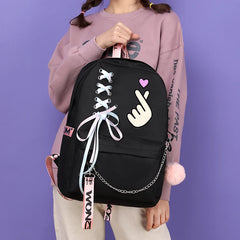 Teenager Girls Canvas Backpack School Bag Tassel Chain decoration