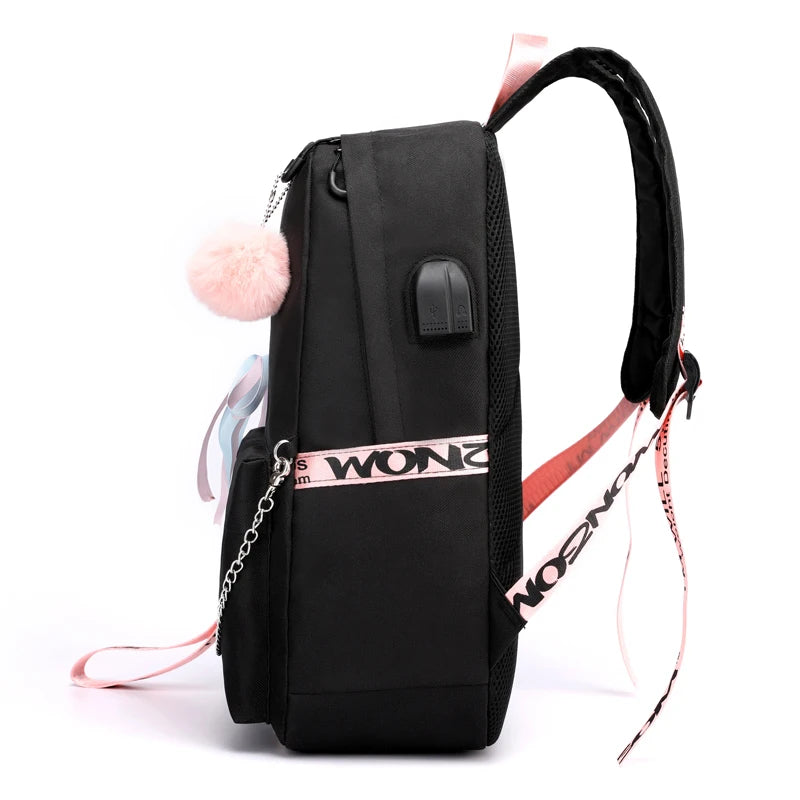 Teenager Girls Canvas Backpack School Bag Tassel Chain decoration