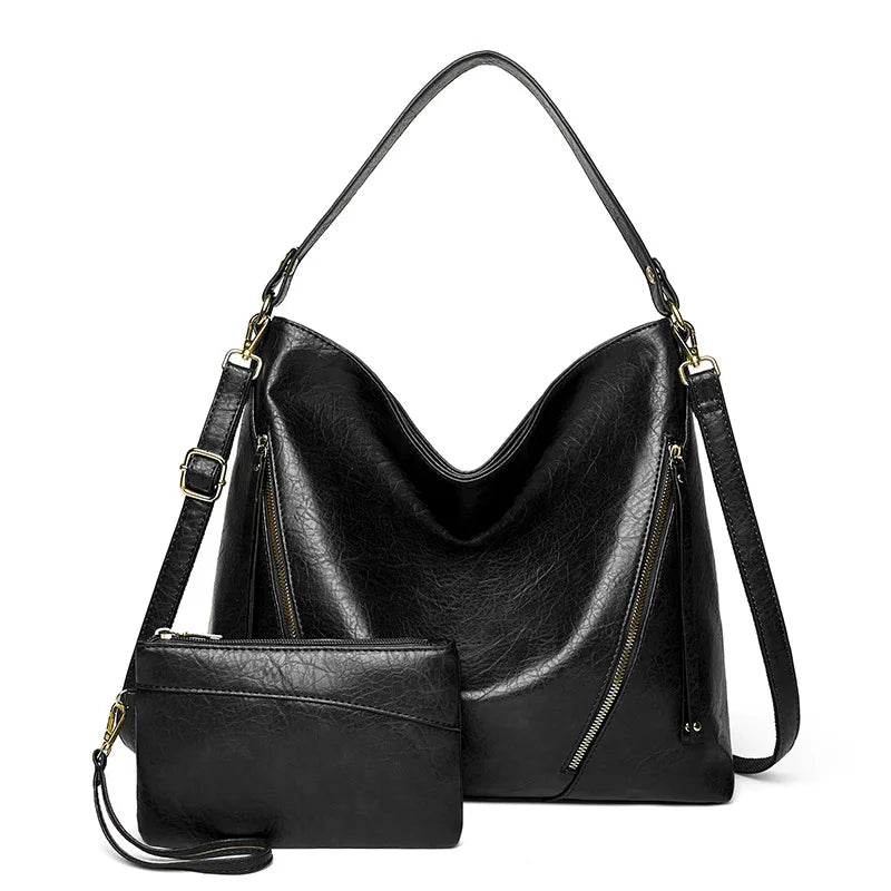 Vintage Women Hand Bags Purse Casual PU Handbags Sets 2 in 1 Faux Leather Tote H