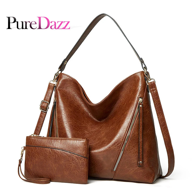 Vintage Women Hand Bags Purse Casual PU Handbags Sets 2 in 1 Faux Leather Tote H