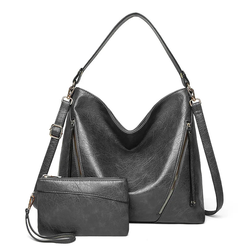 Vintage Women Hand Bags Purse Casual PU Handbags Sets 2 in 1 Faux Leather Tote H