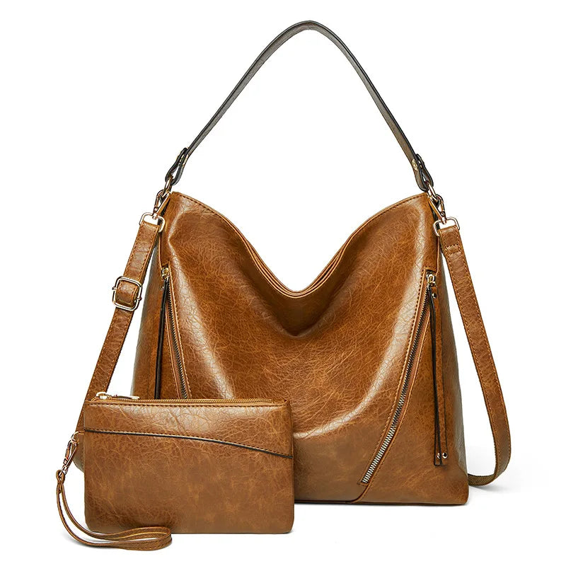 Vintage Women Hand Bags Purse Casual PU Handbags Sets 2 in 1 Faux Leather Tote H
