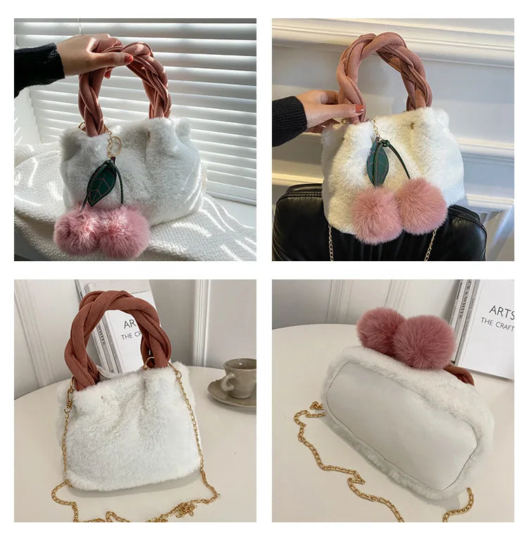 Cherry Faux Fur Bag w/ Fur Ball Chain Bucket Bag Messenger Handbag for Women