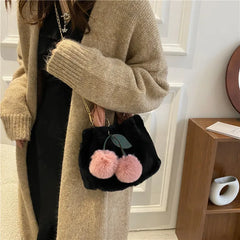 Cherry Faux Fur Bag w/ Fur Ball Chain Bucket Bag Messenger Handbag for Women