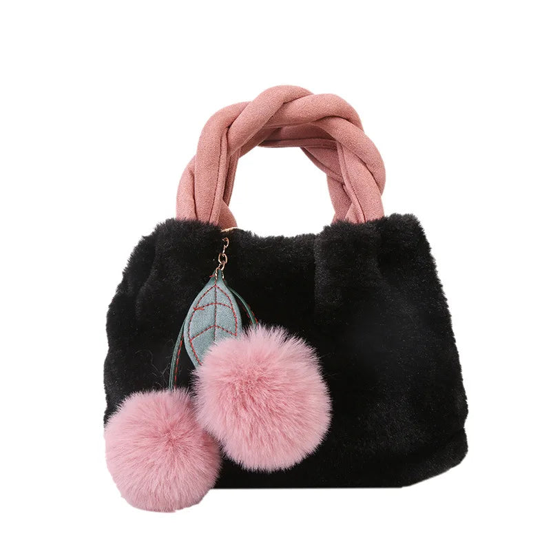 Cherry Faux Fur Bag w/ Fur Ball Chain Bucket Bag Messenger Handbag for Women