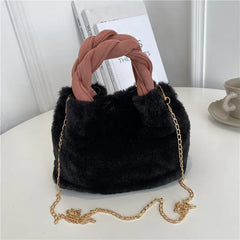 Cherry Faux Fur Bag w/ Fur Ball Chain Bucket Bag Messenger Handbag for Women