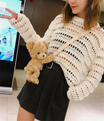 Faux Fur Bear Head Purse Cartoon Female Handbag Fluffy Teddy Shoulder Bag