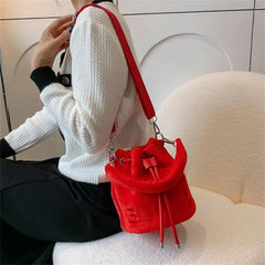 Faux Fur Bucket Bag Soft Plush Ladies Shoulder Crossbody Bags Winter Tote Purses