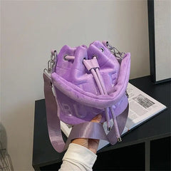 Faux Fur Bucket Bag Soft Plush Ladies Shoulder Crossbody Bags Winter Tote Purses