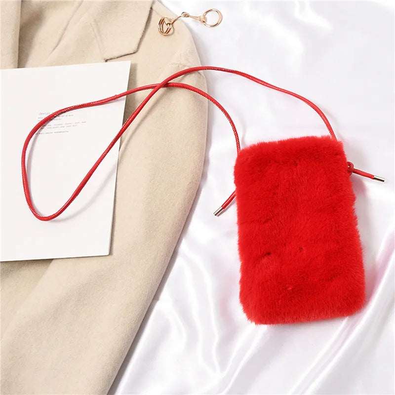 Faux Fur Crossbody Bag for Women Small Solid Cell Phone Purses