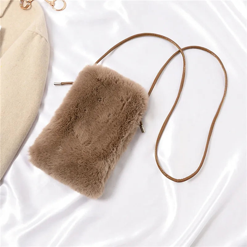 Faux Fur Crossbody Bag for Women Small Solid Cell Phone Purses