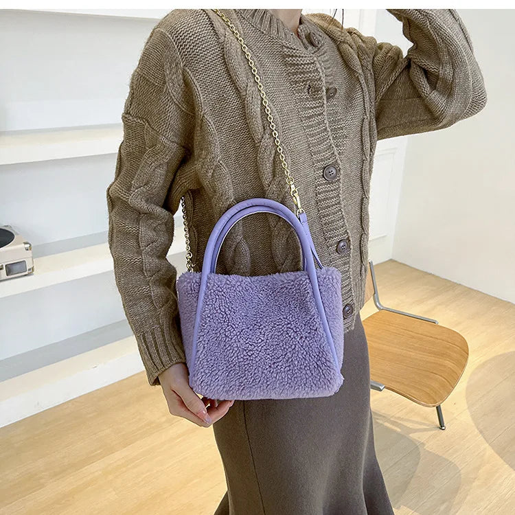 Faux Fur Crossbody Bag Plush Purses Handbags Lambwool Bucket Bag