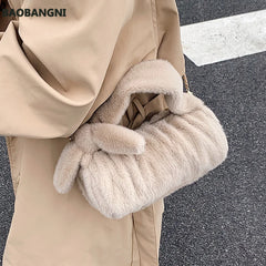 Faux Fur Cylinder Tote Bag Soft Plush Women's Handbag Shoulder Messenger Purse