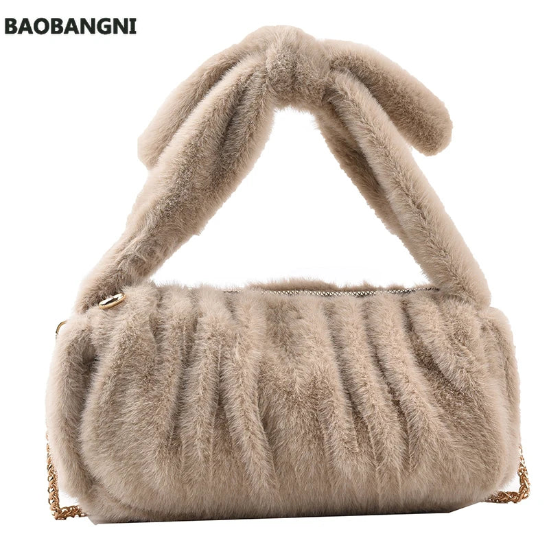 Faux Fur Cylinder Tote Bag Soft Plush Women's Handbag Shoulder Messenger Purse