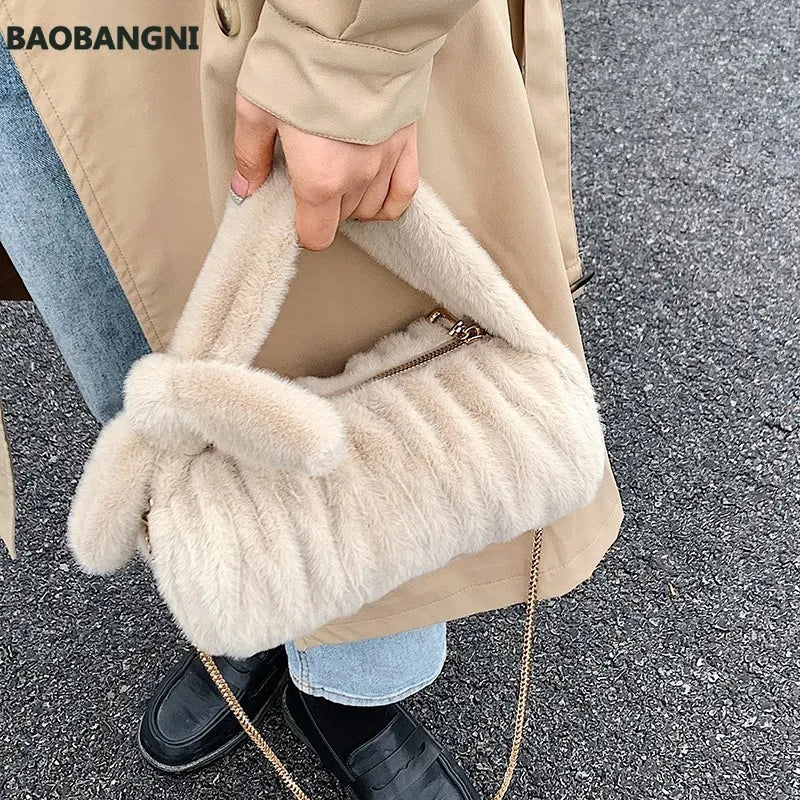 Faux Fur Cylinder Tote Bag Soft Plush Women's Handbag Shoulder Messenger Purse