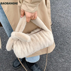 Faux Fur Cylinder Tote Bag Soft Plush Women's Handbag Shoulder Messenger Purse