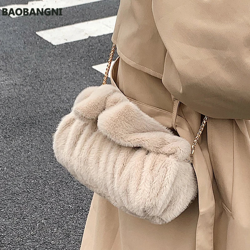 Faux Fur Cylinder Tote Bag Soft Plush Women's Handbag Shoulder Messenger Purse
