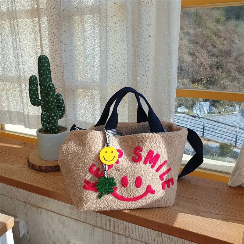 Faux Fur Lamb Wool Crossbody Bag Smiley Face Messenger Purse Handbag