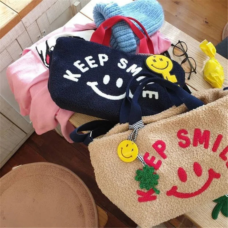 Faux Fur Lamb Wool Crossbody Bag Smiley Face Messenger Purse Handbag