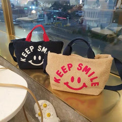 Faux Fur Lamb Wool Crossbody Bag Smiley Face Messenger Purse Handbag