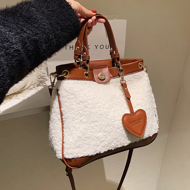 Faux Fur Large Tote Bag Winter High-Quality PU Leather Women's Handbag Shoulder