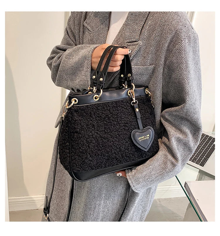 Faux Fur Large Tote Bag Winter High-Quality PU Leather Women's Handbag Shoulder