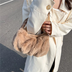 Faux Fur Mini Tote Bags Soft PU Braided Handle Bucket Bags