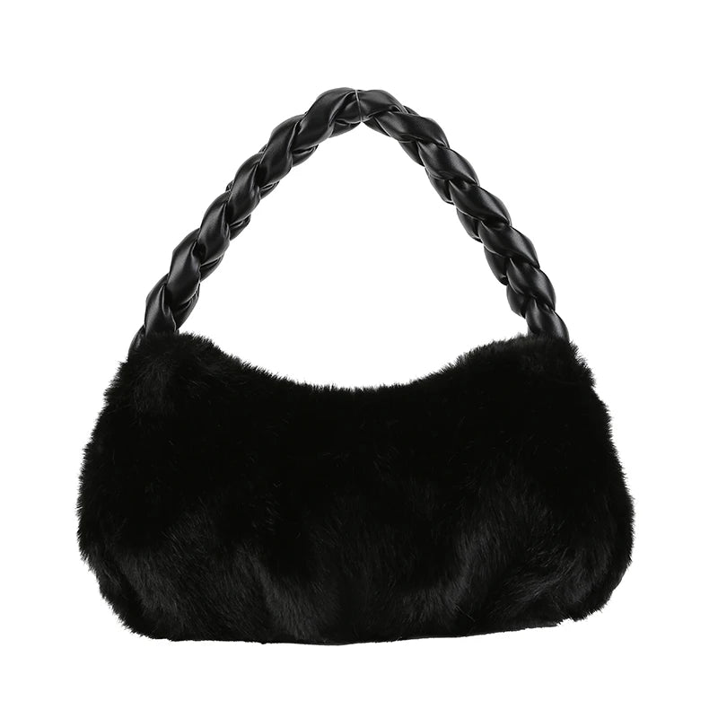 Faux Fur Mini Tote Bags Soft PU Braided Handle Bucket Bags