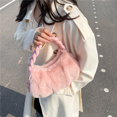 Faux Fur Mini Tote Bags Soft PU Braided Handle Bucket Bags
