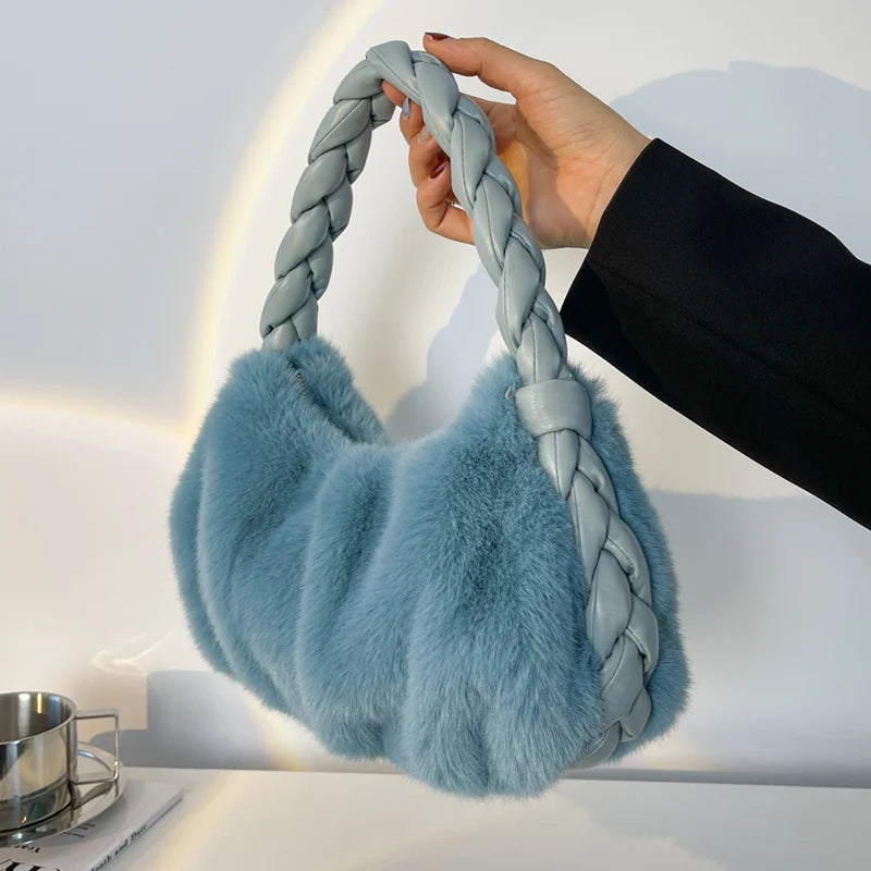 Faux Fur Mini Tote Bags Soft PU Braided Handle Bucket Bags