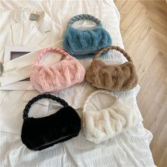 Faux Fur Mini Tote Bags Soft PU Braided Handle Bucket Bags