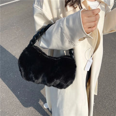Faux Fur Mini Tote Bags Soft PU Braided Handle Bucket Bags