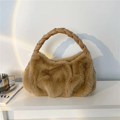 Faux Fur Mini Tote Bags Soft PU Braided Handle Bucket Bags