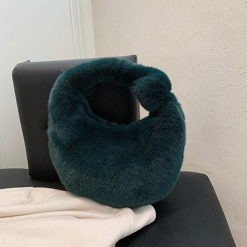 Soft Plush Women's Handbag Half Moon Handle Bag Phone Purse
